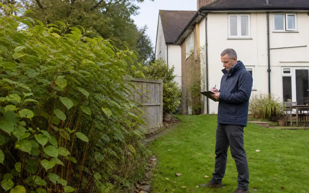 Person recording suspected Japanese knotweed beside a UK garden boundary in autumn.